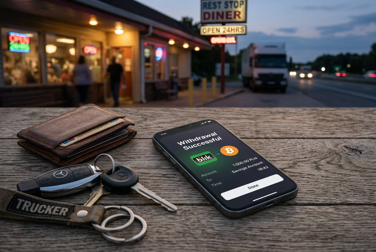 A smartphone showing a successful withdrawal confirmation alongside payment cards on a wooden surface.